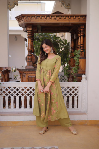 Olive Green Colour Anarkali Kurti With Pant
