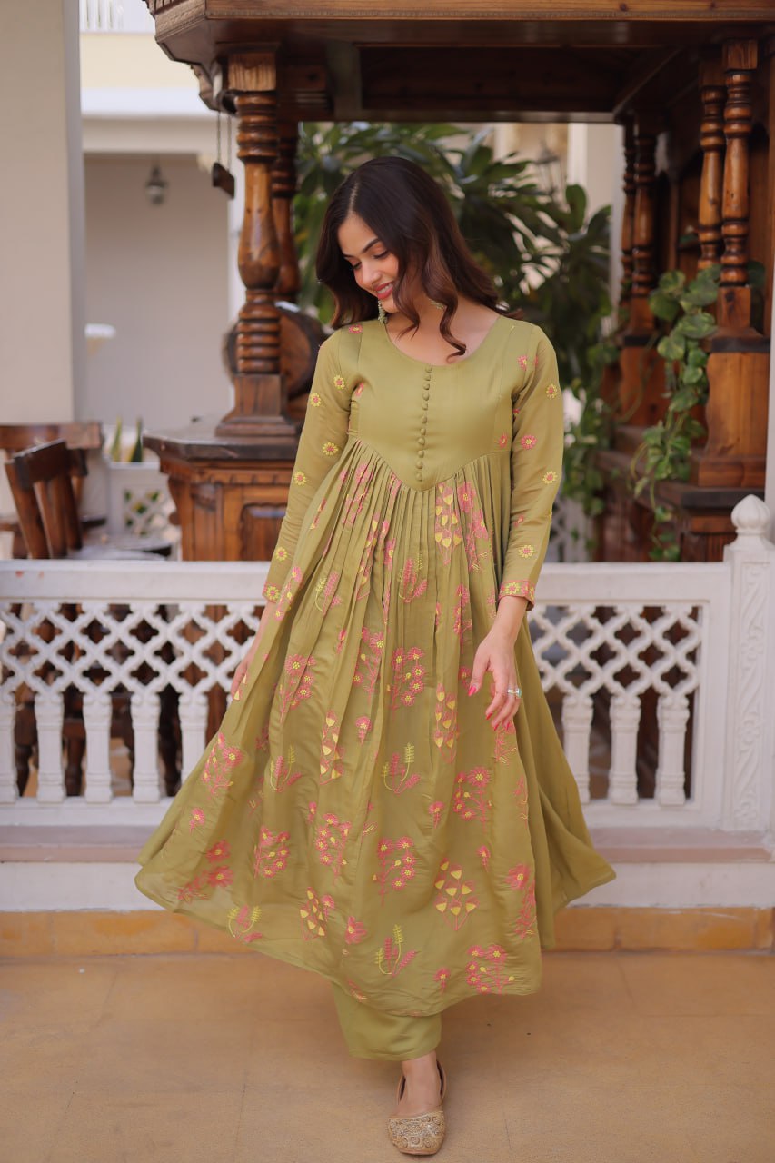 Olive Green Colour Anarkali Kurti With Pant