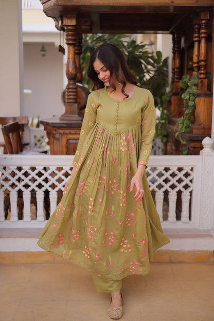 Olive Green Colour Anarkali Kurti With Pant
