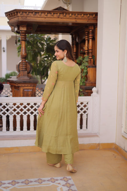 Olive Green Colour Anarkali Kurti With Pant