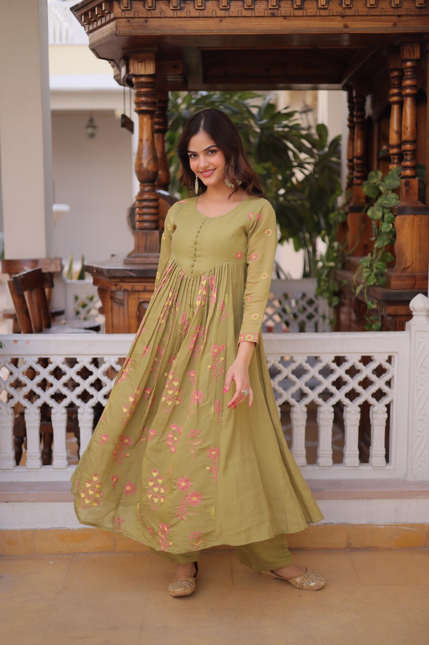 Olive Green Colour Anarkali Kurti With Pant