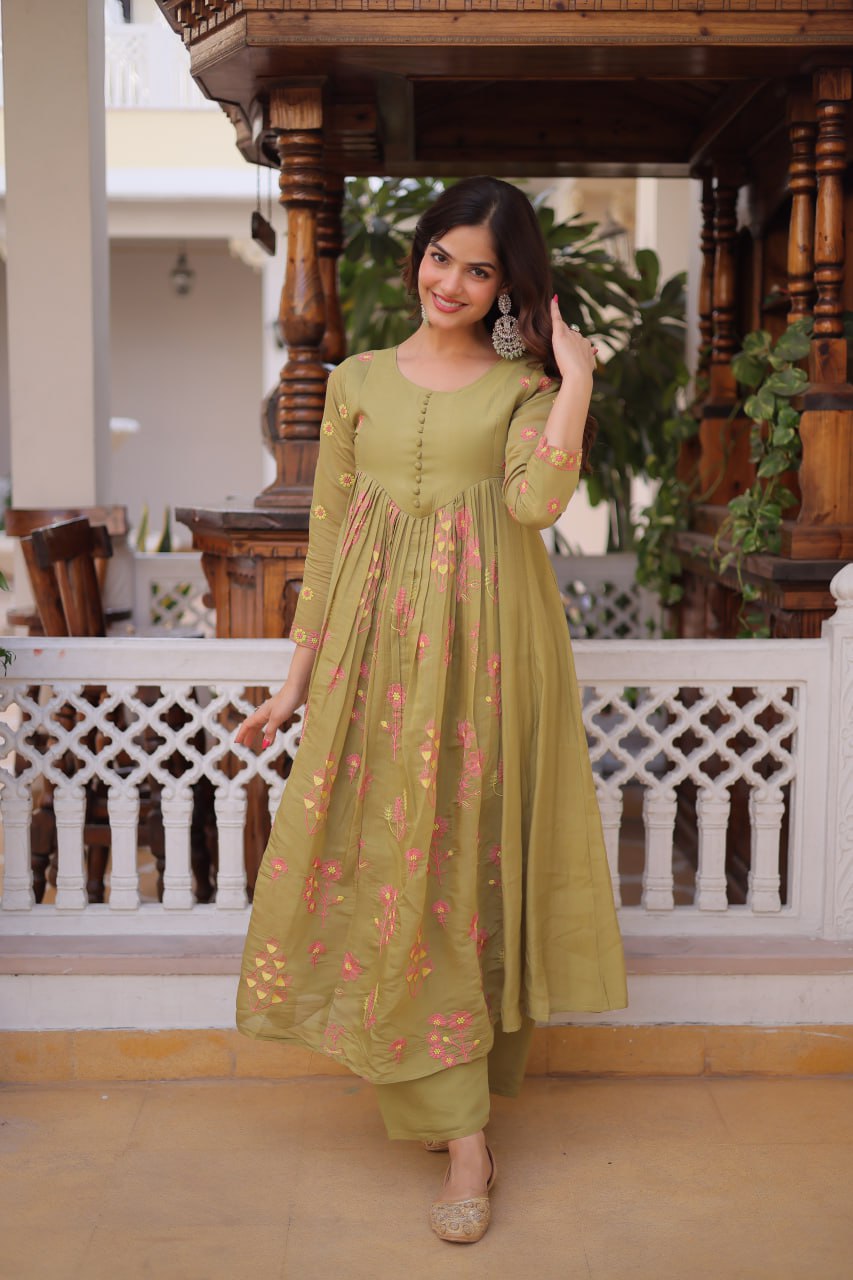 Olive Green Colour Anarkali Kurti With Pant
