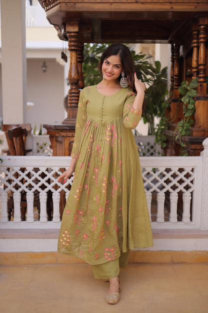 Olive Green Colour Anarkali Kurti With Pant
