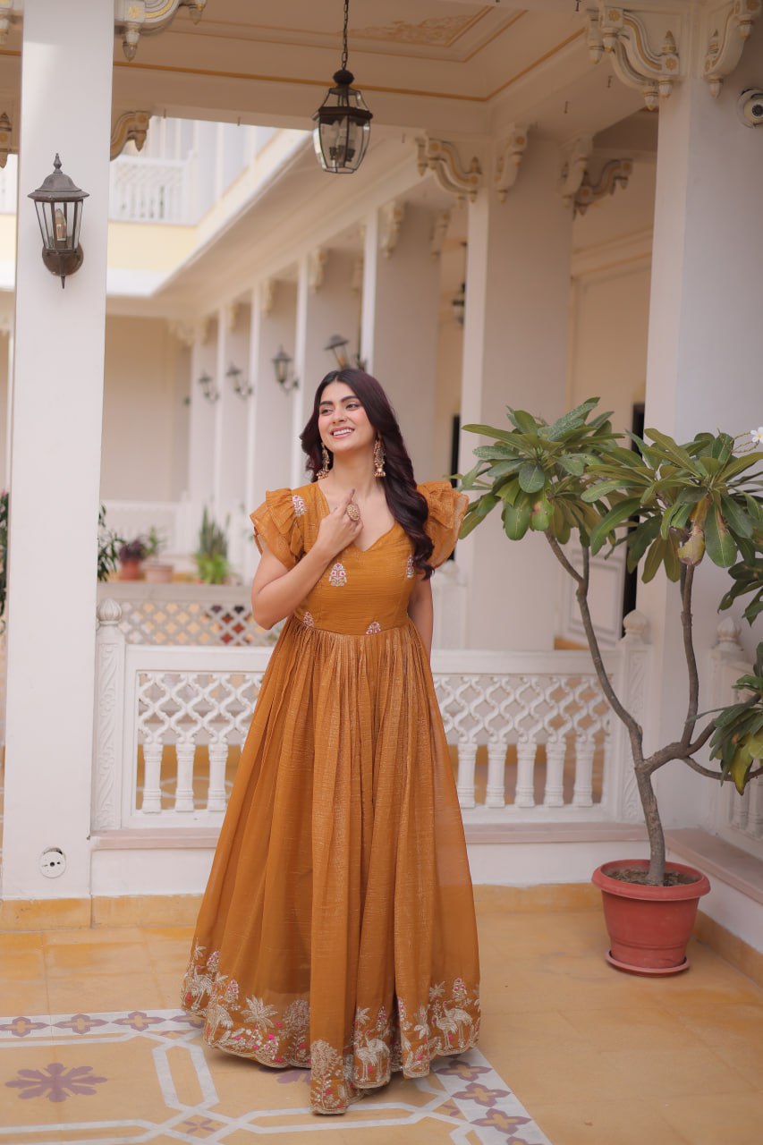 Mustard Yellow colour Designer Anarkali Gown
