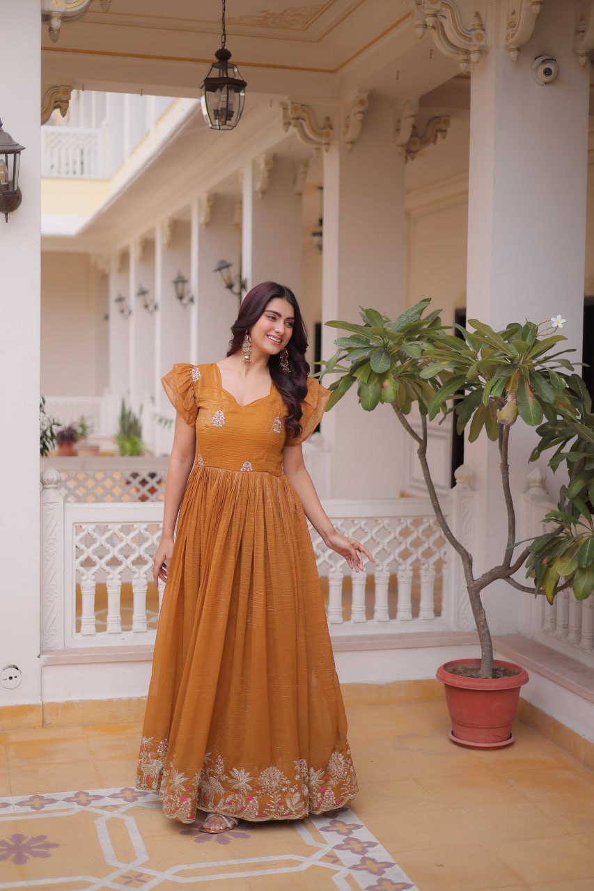 Mustard Yellow colour Designer Anarkali Gown