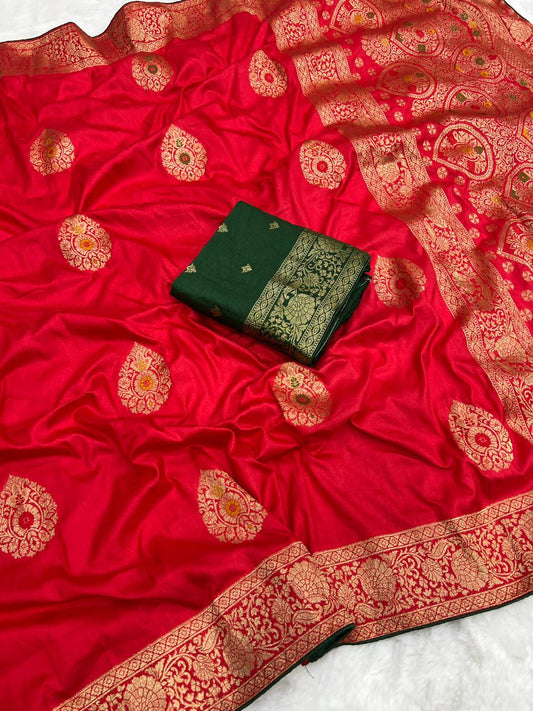 Meenakari and Zari work Traditional Saree With unstitched Contrast Running Blouse