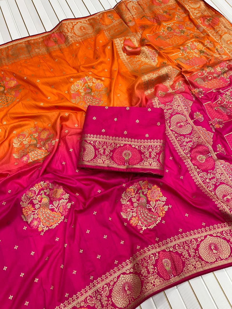 Zari Work 2D Colour Designer Traditional Saree with Unstitched Contrast Blouse