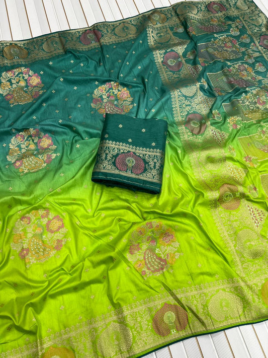 Zari Work 2D Colour Designer Traditional Saree with Unstitched Contrast Blouse