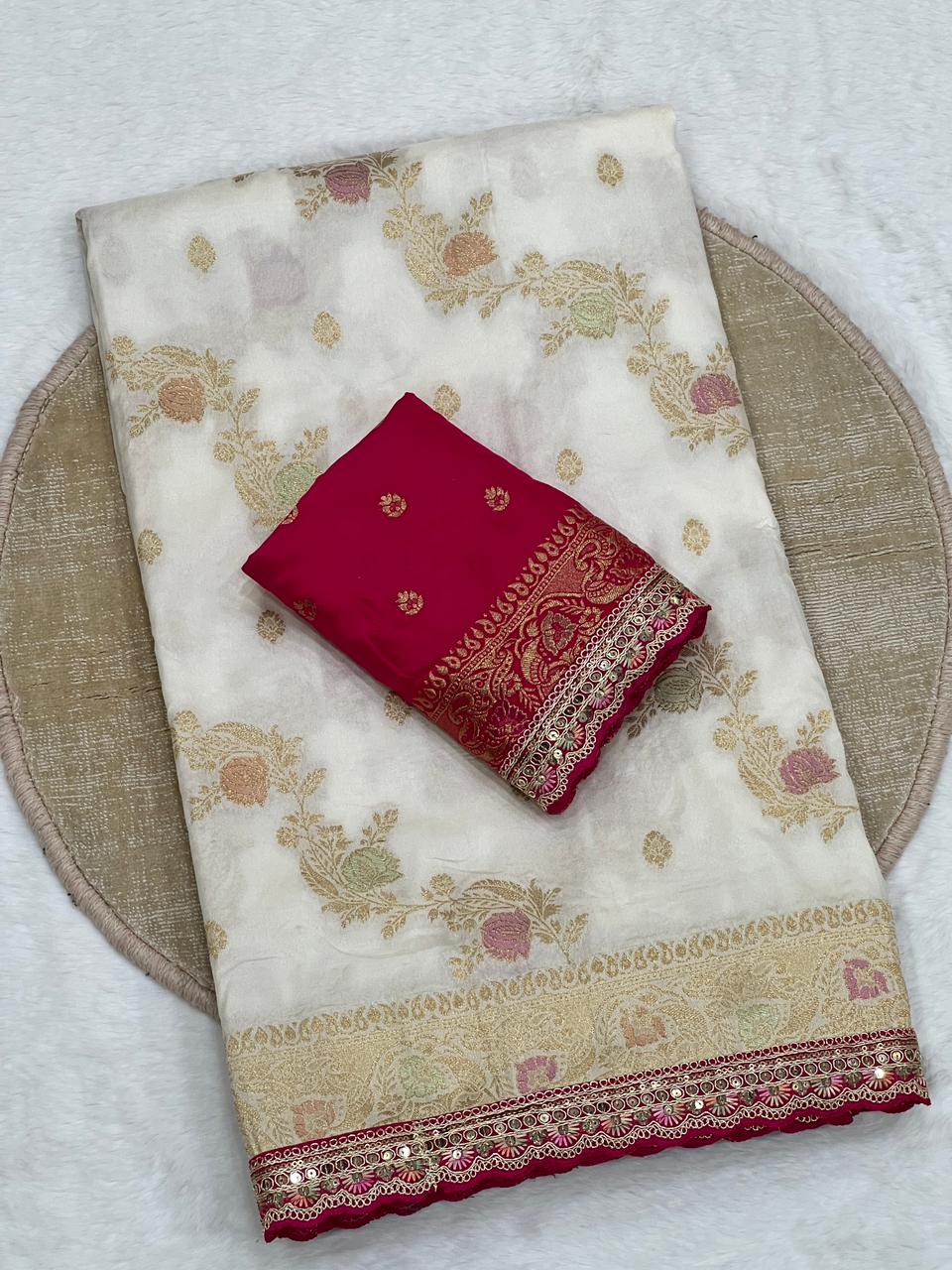 Saree with new amazing embroidery cording sequance and thread work border With Unstitched Blouse