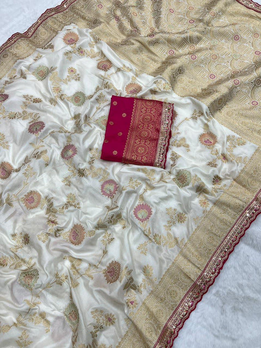 Saree with new amazing embroidery cording sequance and thread work border With Unstitched Blouse