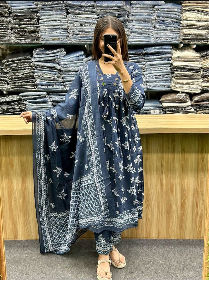 Cotton Floral Printed Anarkali Kurti Pant with Dupatta
