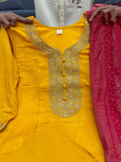 Designer Pure Banarasi Jequard Wiving Top With Pent & Dupatta Set