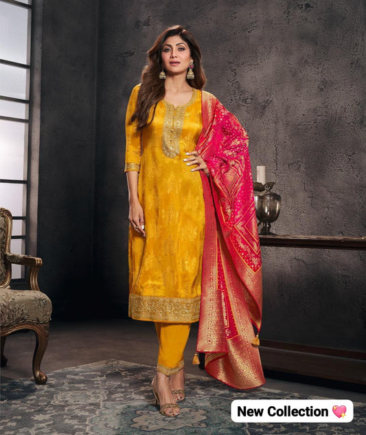 Designer Pure Banarasi Jequard Wiving Top With Pent & Dupatta Set