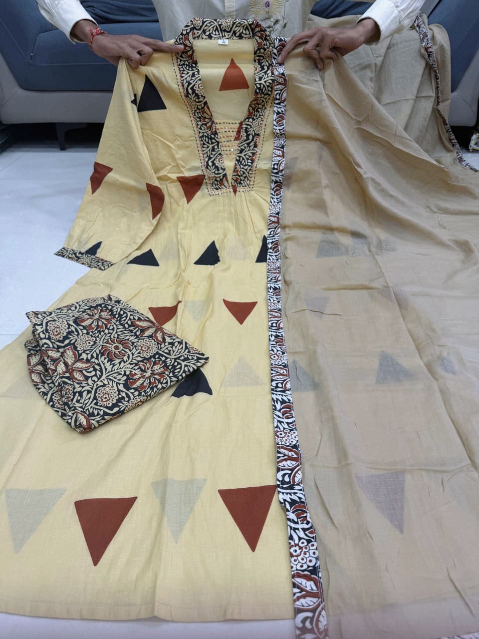 Designer Kalamkari Print Daily Or Office Wear Look Ajarakh Pure Cotton Top With Pent & Dupatta Set