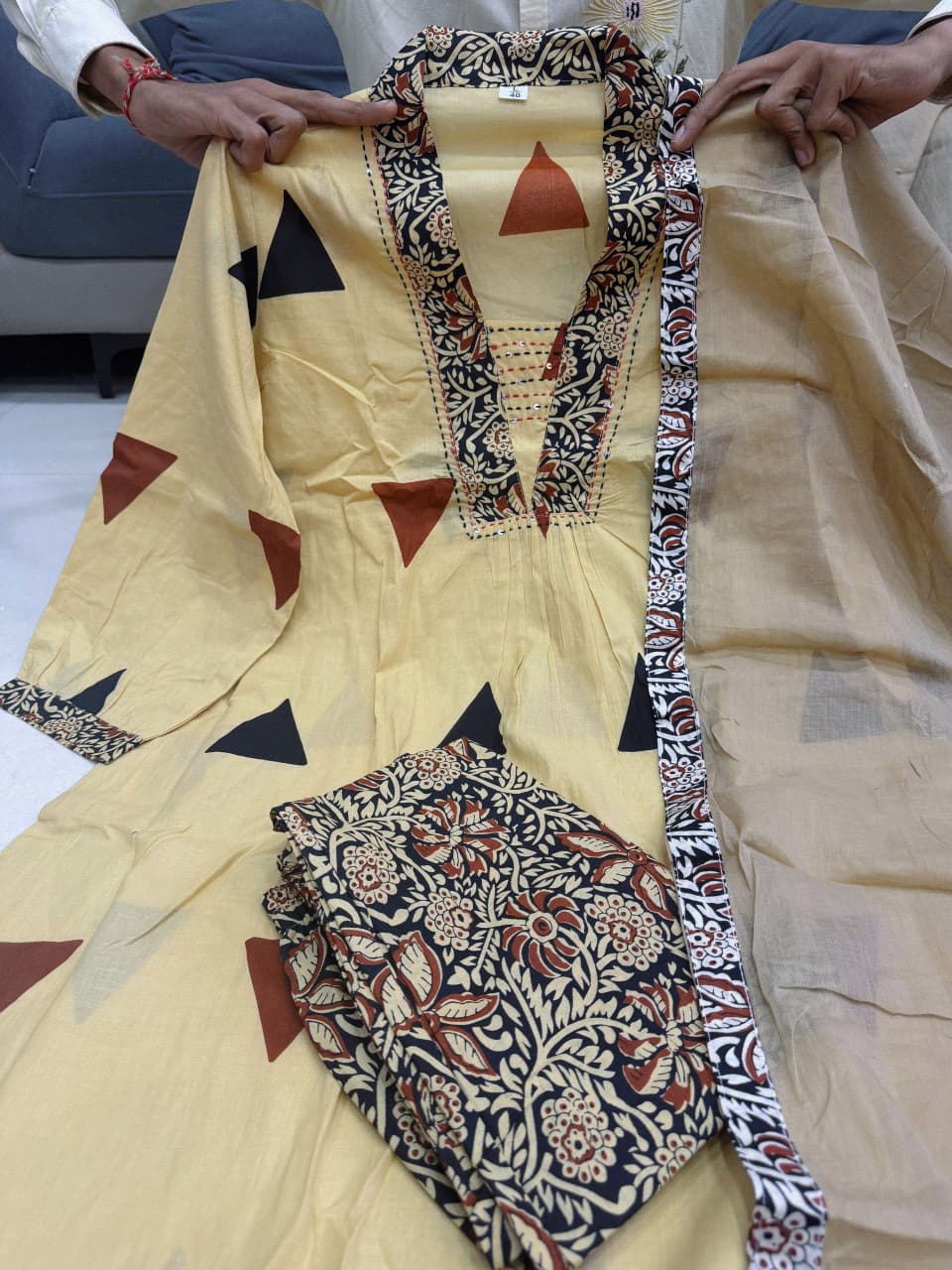Designer Kalamkari Print Daily Or Office Wear Look Ajarakh Pure Cotton Top With Pent & Dupatta Set