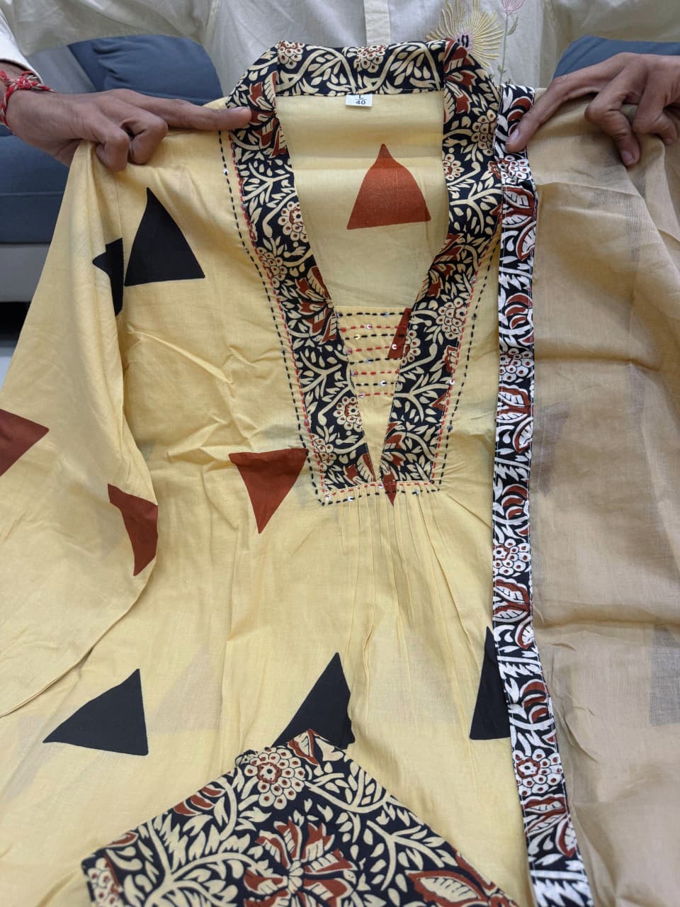 Designer Kalamkari Print Daily Or Office Wear Look Ajarakh Pure Cotton Top With Pent & Dupatta Set