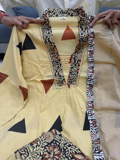 Designer Kalamkari Print Daily Or Office Wear Look Ajarakh Pure Cotton Top With Pent & Dupatta Set