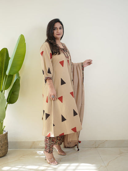 Designer Kalamkari Print Daily Or Office Wear Look Ajarakh Pure Cotton Top With Pent & Dupatta Set