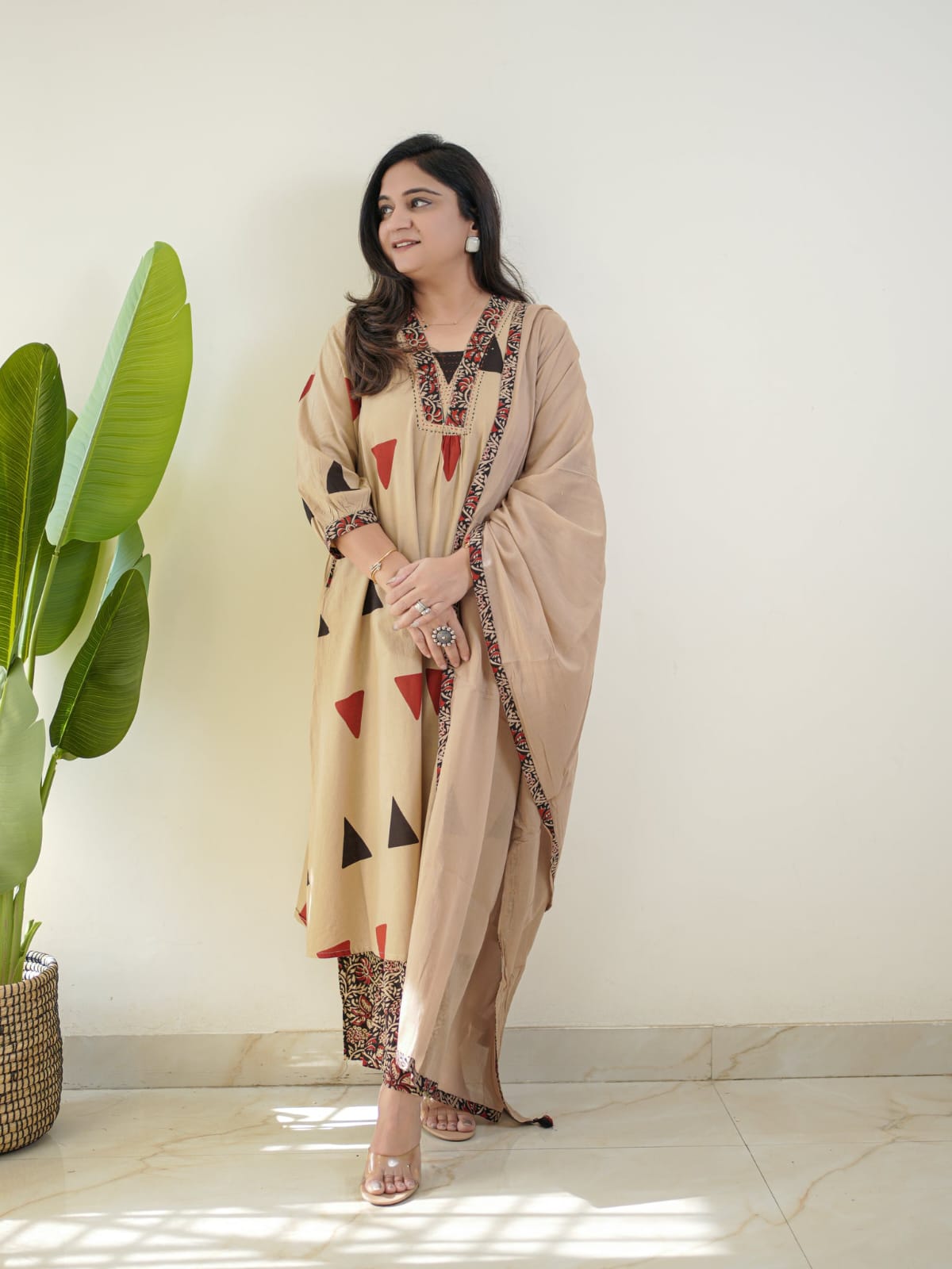 Designer Kalamkari Print Daily Or Office Wear Look Ajarakh Pure Cotton Top With Pent & Dupatta Set