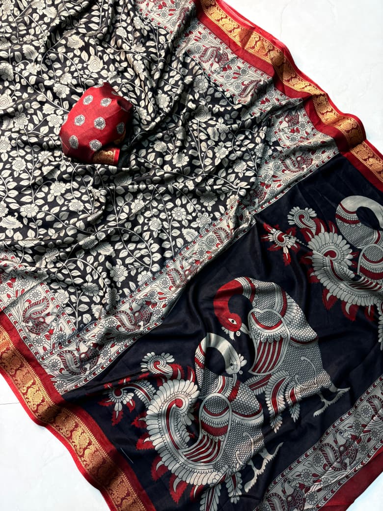 Kalamkari Print Saree With Unstitched Blouse Piece