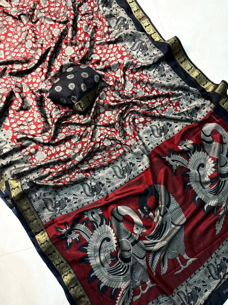 Kalamkari Print Saree With Unstitched Blouse Piece