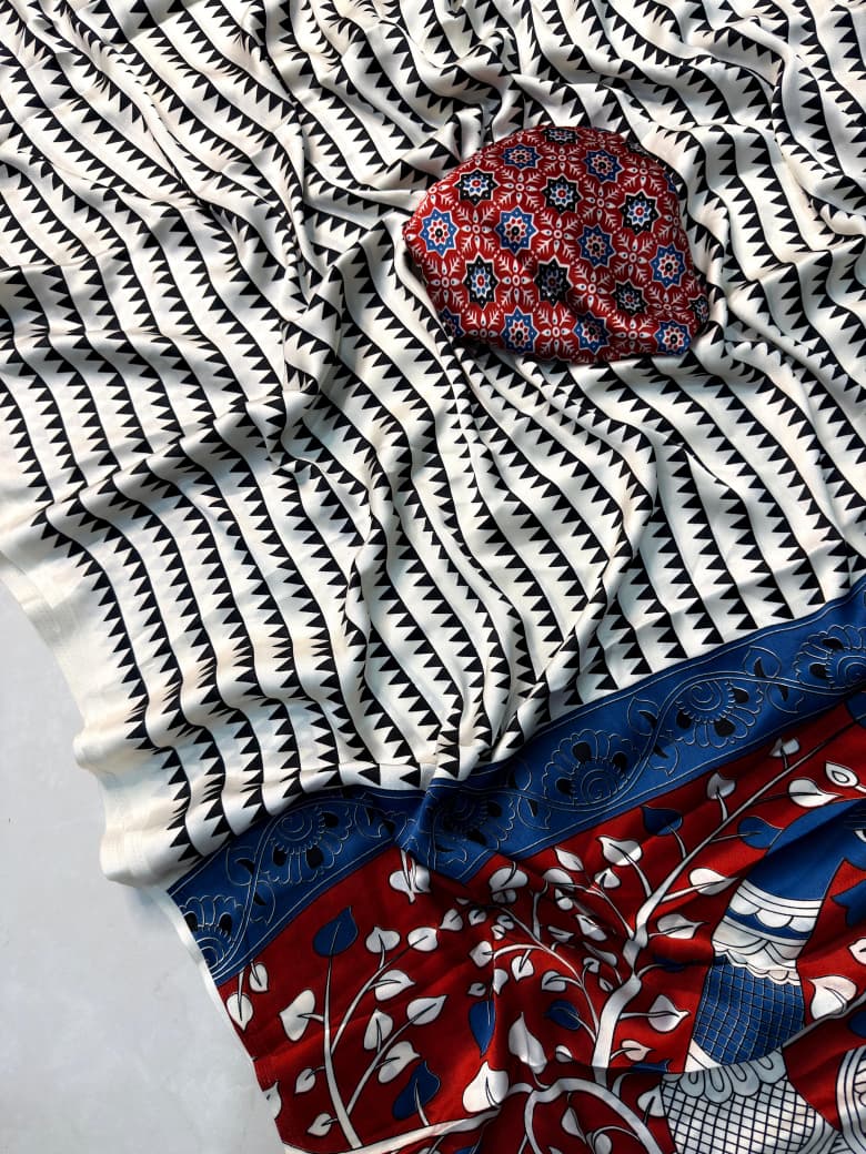 Satin Silk Kalamkari Print Saree With Unstitched Blouse Piece