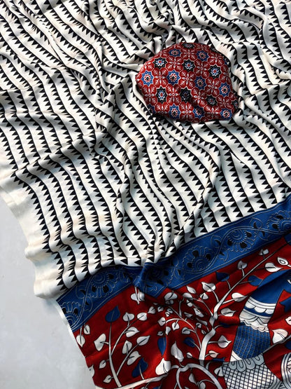 Satin Silk Kalamkari Print Saree With Unstitched Blouse Piece