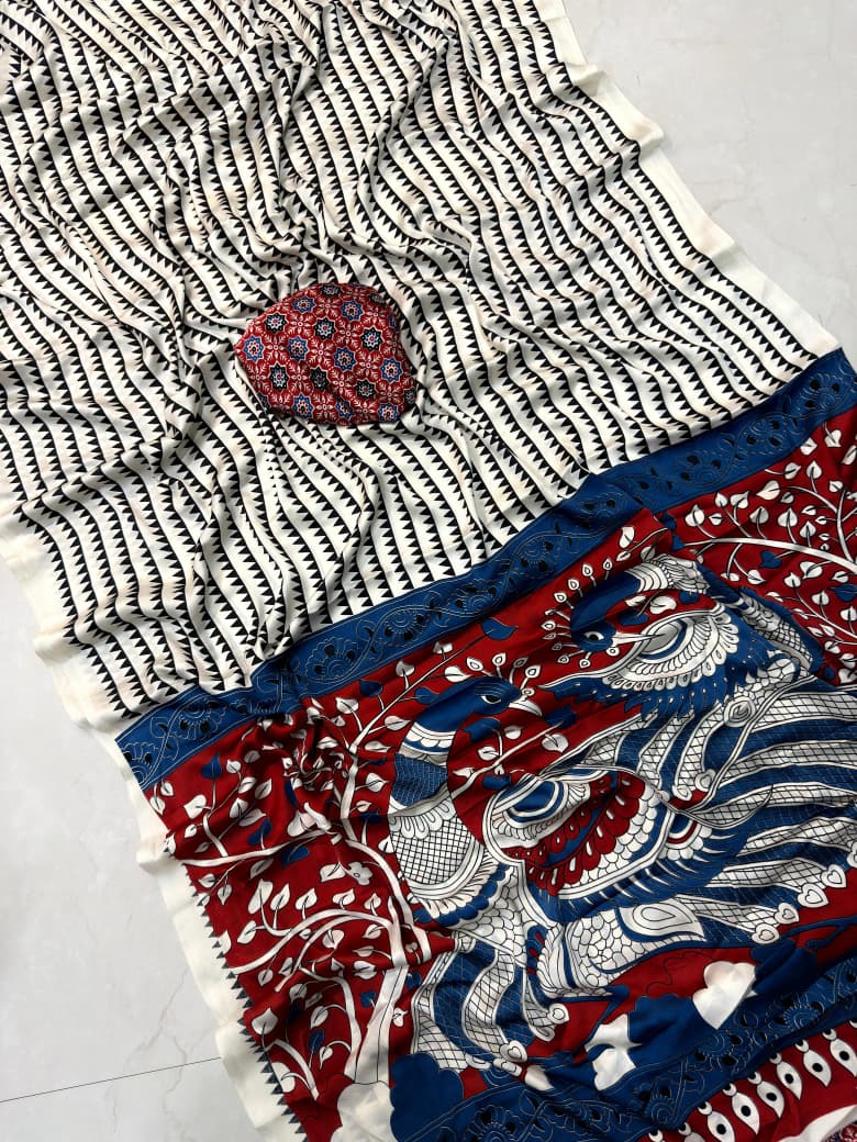 Satin Silk Kalamkari Print Saree With Unstitched Blouse Piece