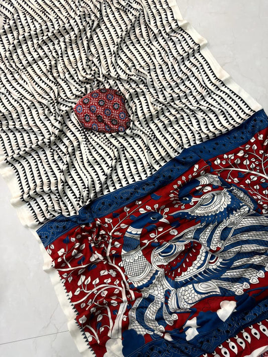 Satin Silk Kalamkari Print Saree With Unstitched Blouse Piece