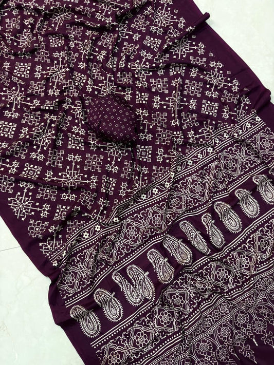 Ajrakh Print Saree With Unstitched Blouse Piece
