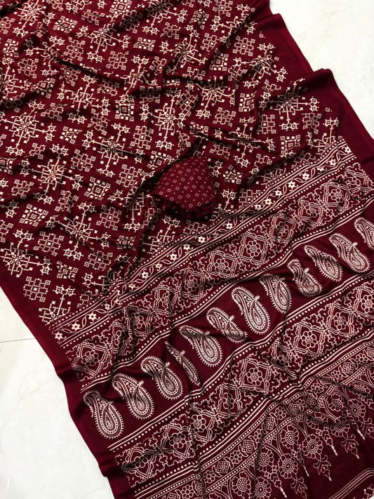 Ajrakh Print Saree With Unstitched Blouse Piece