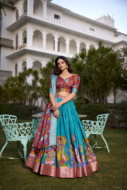 Kalamkari Print Zari Weaving Lehenga Choli With Dupatta