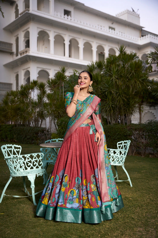Kalamkari Print Zari Weaving Lehenga Choli With Dupatta