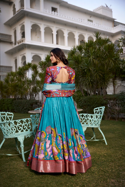Kalamkari Print Zari Weaving Lehenga Choli With Dupatta