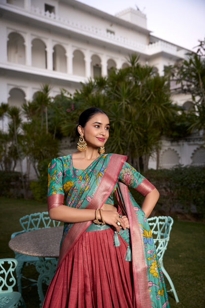 Kalamkari Print Zari Weaving Lehenga Choli With Dupatta