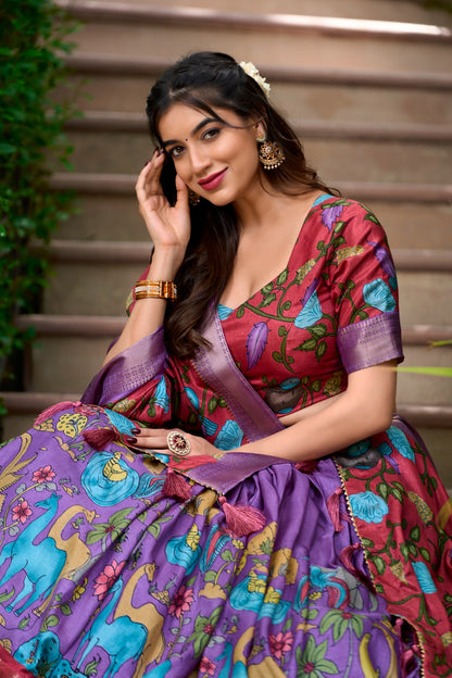 Kalamkari Print Zari Weaving Lehenga Choli With Dupatta