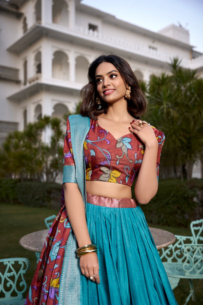 Kalamkari Print Zari Weaving Lehenga Choli With Dupatta