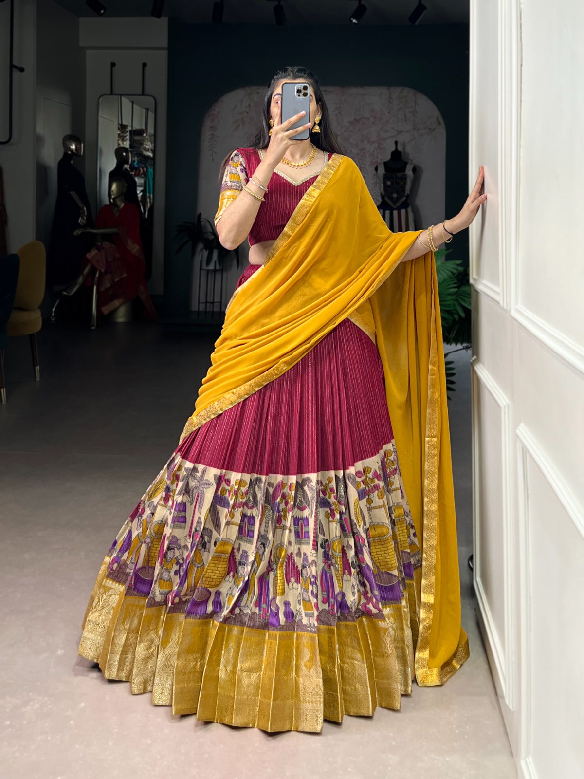 Poly Chanderi Kalamkari Print Lehenga Choli With Dupatta