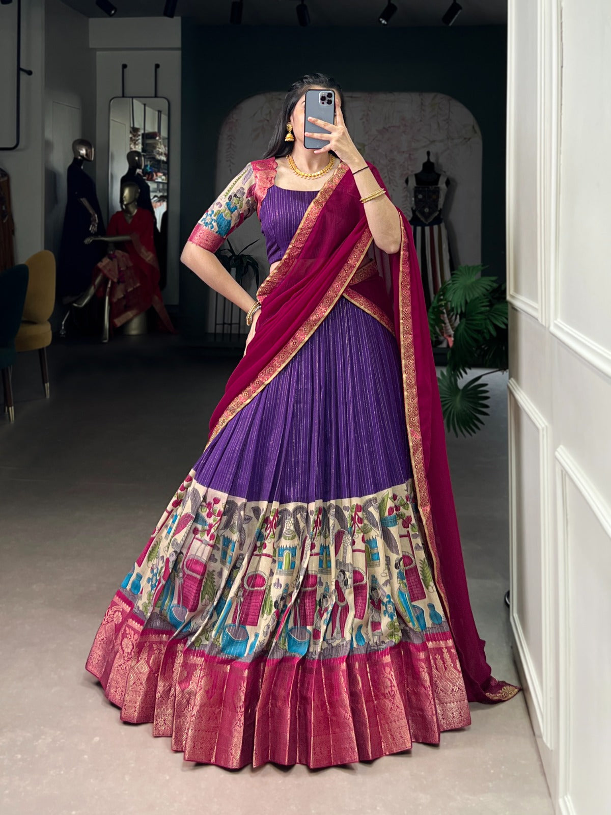 Poly Chanderi Kalamkari Print Lehenga Choli With Dupatta