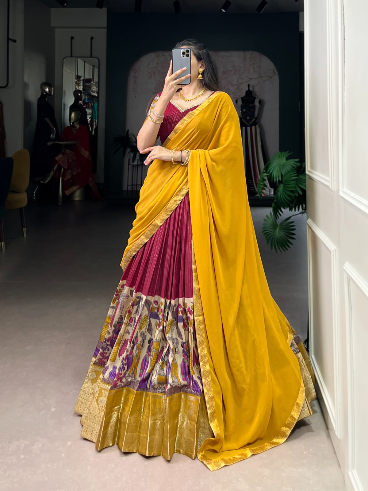 Poly Chanderi Kalamkari Print Lehenga Choli With Dupatta