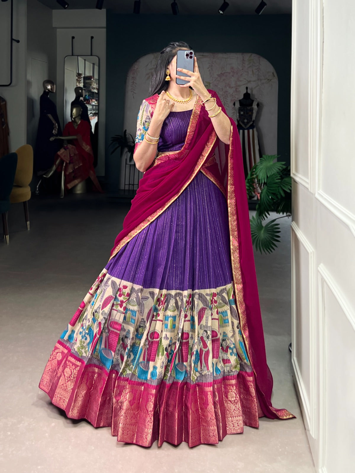 Poly Chanderi Kalamkari Print Lehenga Choli With Dupatta