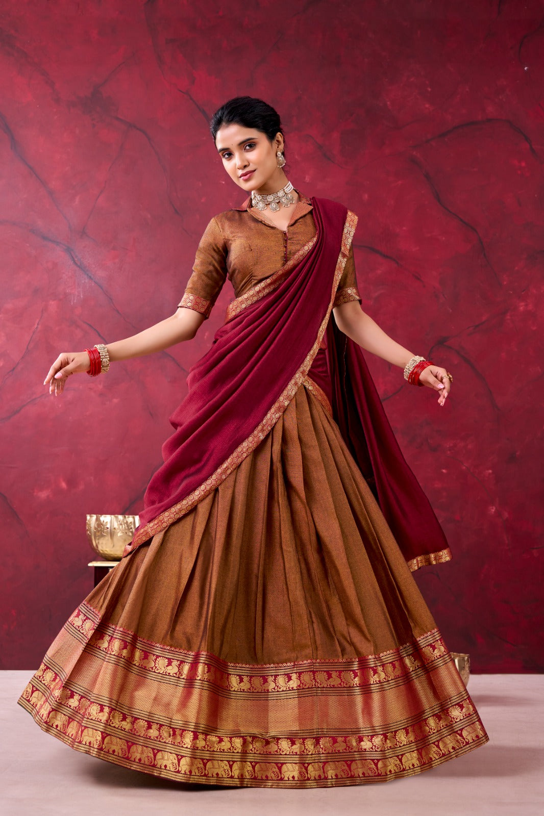 Brown Color Narayan Pettu Lehenga Choli With Dupatta