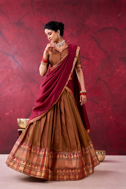 Brown Color Narayan Pettu Lehenga Choli With Dupatta