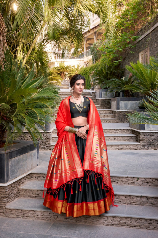 Black Colour Jacquard Silk Zari Weaving Paithani Lehenga Choli With Tassels Dupatta