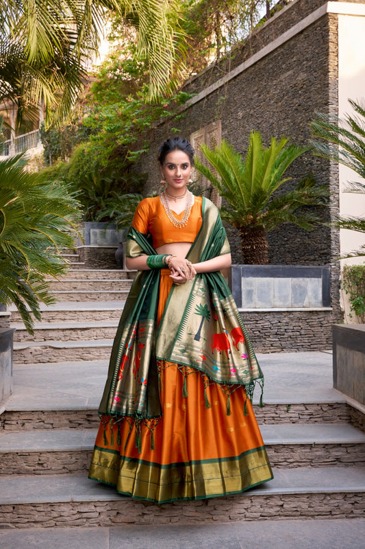 Orange  Colour Jacquard Silk Zari Weaving Paithani Lehenga Choli With Tassels Dupatta