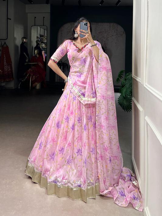Baby Pink Colour Tabby Silk Floral Print Party Wear Lehenga Choli With Dupatta