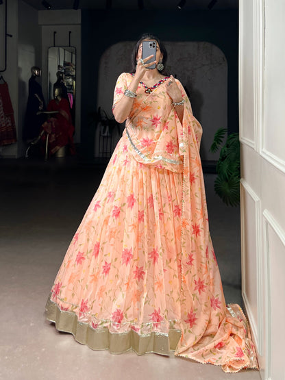 Peach Colour Tabby Silk Floral Print Party Wear Lehenga Choli With Dupatta