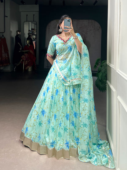 Powder Blue Colour Tabby Silk Floral Print Party Wear Lehenga Choli With Dupatta
