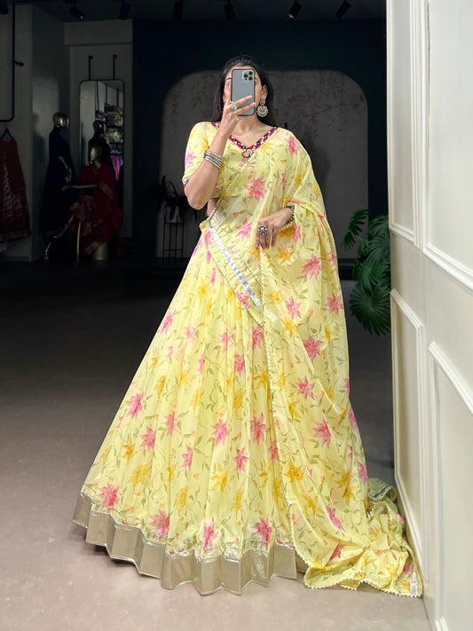 Yellow Colour Tabby Silk Floral Print Party Wear Lehenga Choli With Dupatta