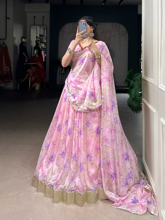 Baby Pink Colour Tabby Silk Floral Print Party Wear Lehenga Choli With Dupatta